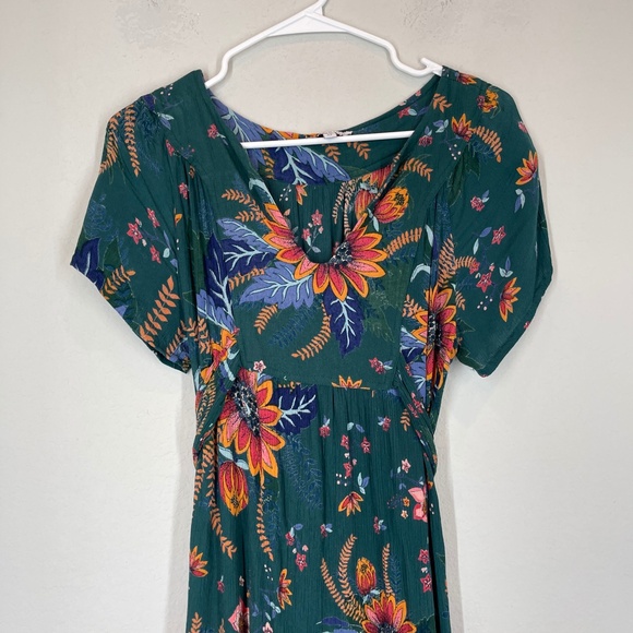 Patrons of Peace Maxi Dress Women's XS Floral Boho Short Sleeve with Belt Green - Picture 2 of 11